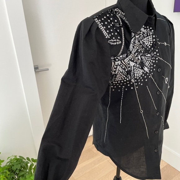 TOP TOPS Vintage Embellished Black Button Front Blouse Sequins Beads 80's Vibes - Picture 7 of 16